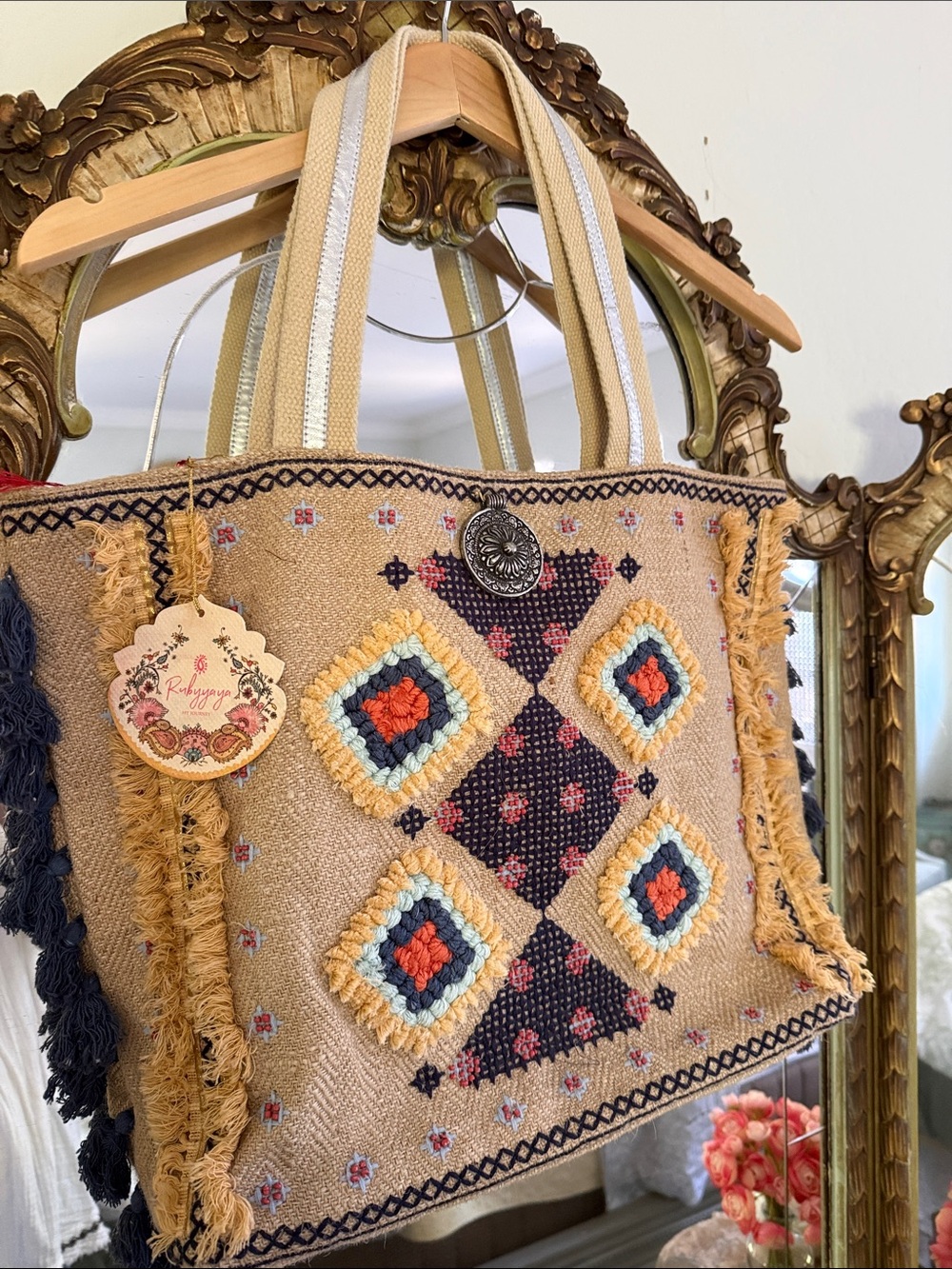 Boho Embroidered Beige Tote Bag with Fringe